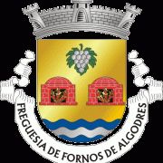 Brasão heráldico com coroa merlada, uva, dois fornos vermelhos e ondas azuis