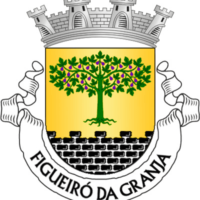 Brasão com coroa, árvore verde e raízes, escudo amarelo e preto