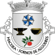 Brasão de Maceira com coroa almendada, rosa-dos-ventos, bigorna, taça e ramo de tomate.