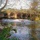 Ponte de pedra com cinco arcos sobre rio com fluxo de água e vegetação envolvente.