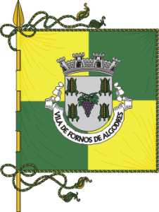 Brasão com coroa, escudo quartelado em verde e amarelo, e uvas no centro, com inscrição heráldica