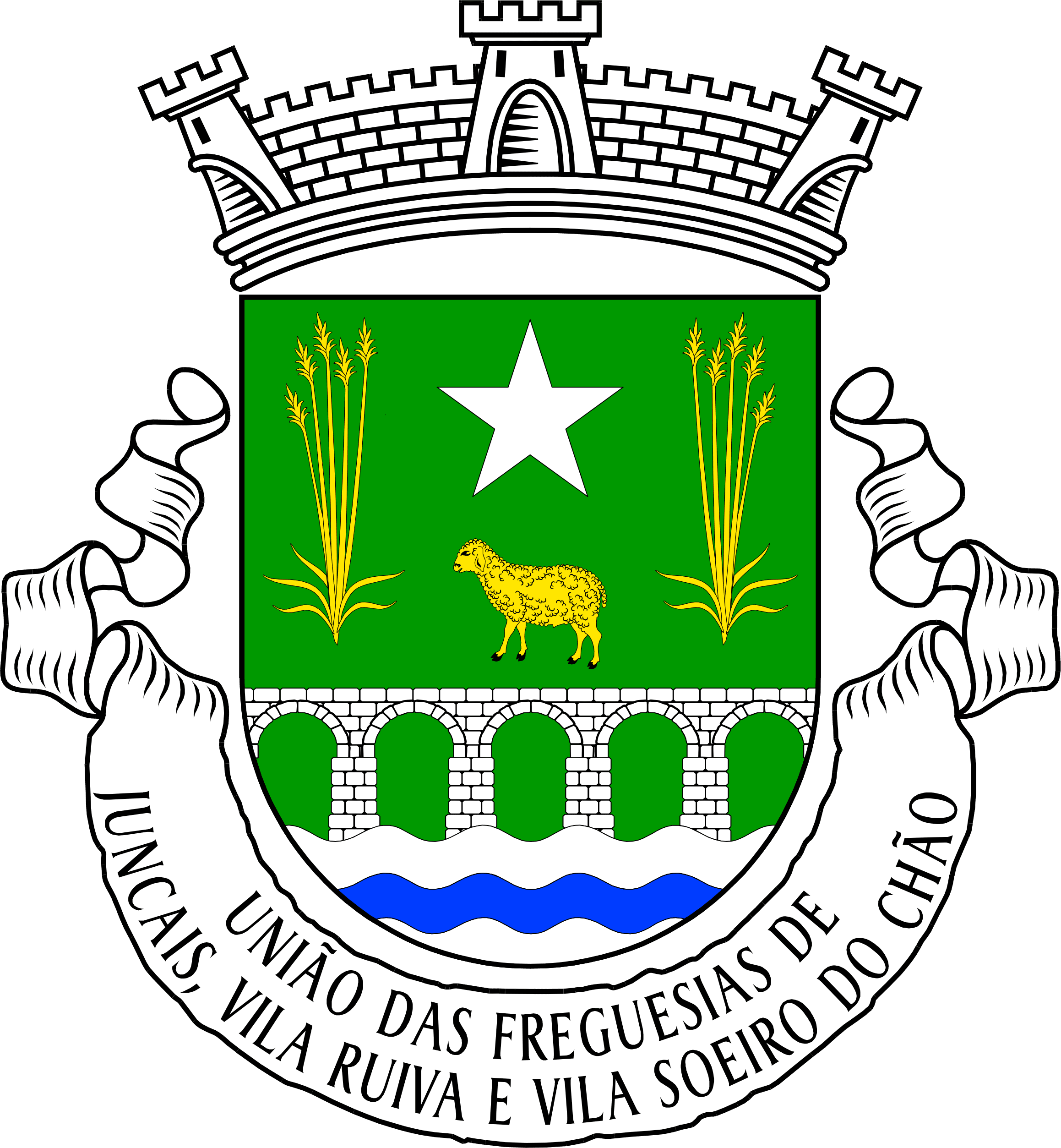 Brasão heráldico com coroa castelo, escudo verde, estrela branca, cabra dourada, espigas trigo e torre cinco arcos azul base.