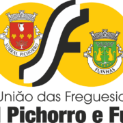 Brasões de Sobral Pichorro e Fuinhas unidos por símbolo em forma de infinito em fundo amarelo.