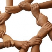 Sete mãos de diferentes pessoas unidas em círculo, formando padrão de união e colaboração.
