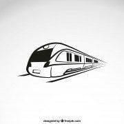 Ilustração de comboio moderno com design aerodinâmico, linha preta sobre fundo branco. — abre num novo separador