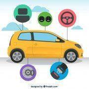 Automóvel amarelo com símbolos gráficos de volante, pneu, travão e componentes de condução — abre num novo separador