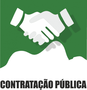 Duas mãos em aperto de mão sobre fundo verde com texto Contratação Pública