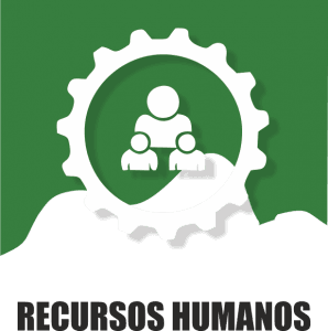 Ícone com engrenagem contendo três figuras humanas, fundo verde.