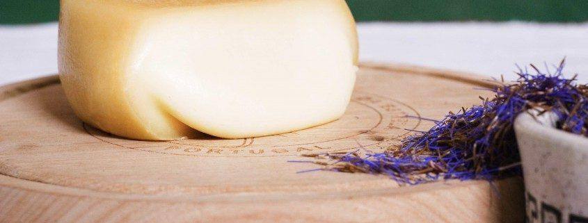 Queijo branco em forma redonda sobre tábua de madeira com flores secas roxas.