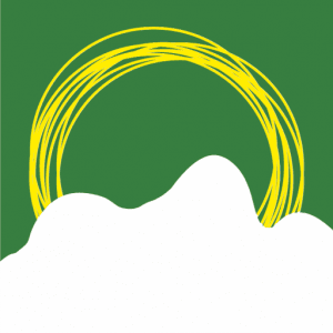 Arco amarelo em traços sobre fundo verde com nuvem branca na base