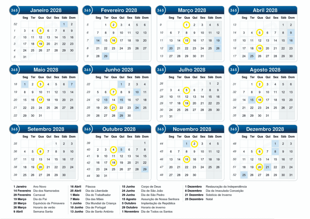 Calendário anual 2028 com marcação de datas de feriados e dias comemorativos portugueses