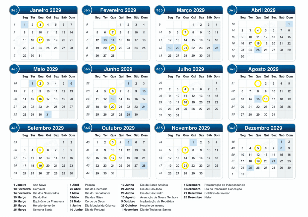 Calendário anual 2029 com 12 meses e datas assinaladas a amarelo e azul claro.