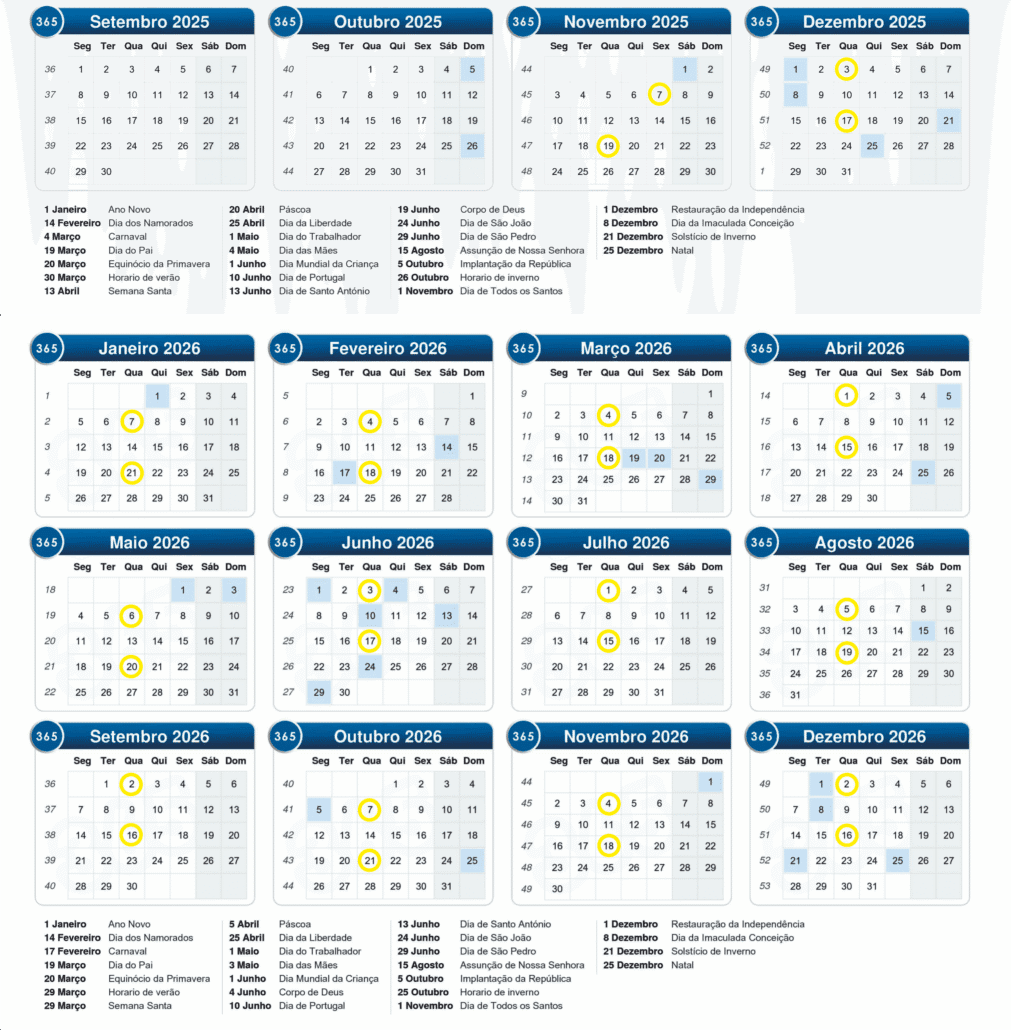 Calendários mensais de 2025 e 2026 com datas marcadas em amarelo e azul claro, incluindo meses de Setembro a Dezembro de 2025 e Janeiro a Dezembro de 2026.