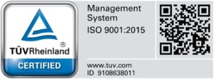 Logótipo TÜV Rheinland certificado, com referência ISO 9001:2015 e código QR