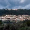 Panorâmica de Fornos de Algodres com casario disperso na encosta e vegetação em primeiro plano